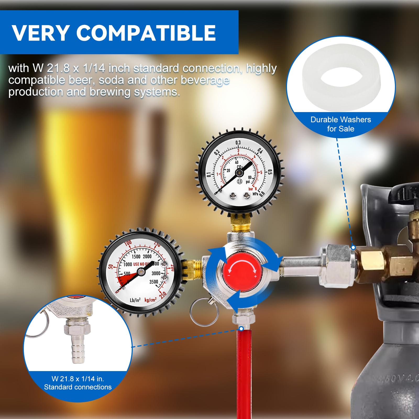 Regulador de Presión CO2, Sistema Dispensador de Cerveza Reductor de Presión con 2 Manómetros Conexión W21.8 x 1/14" Reductor de CO2 para Elaboración de Cerveza