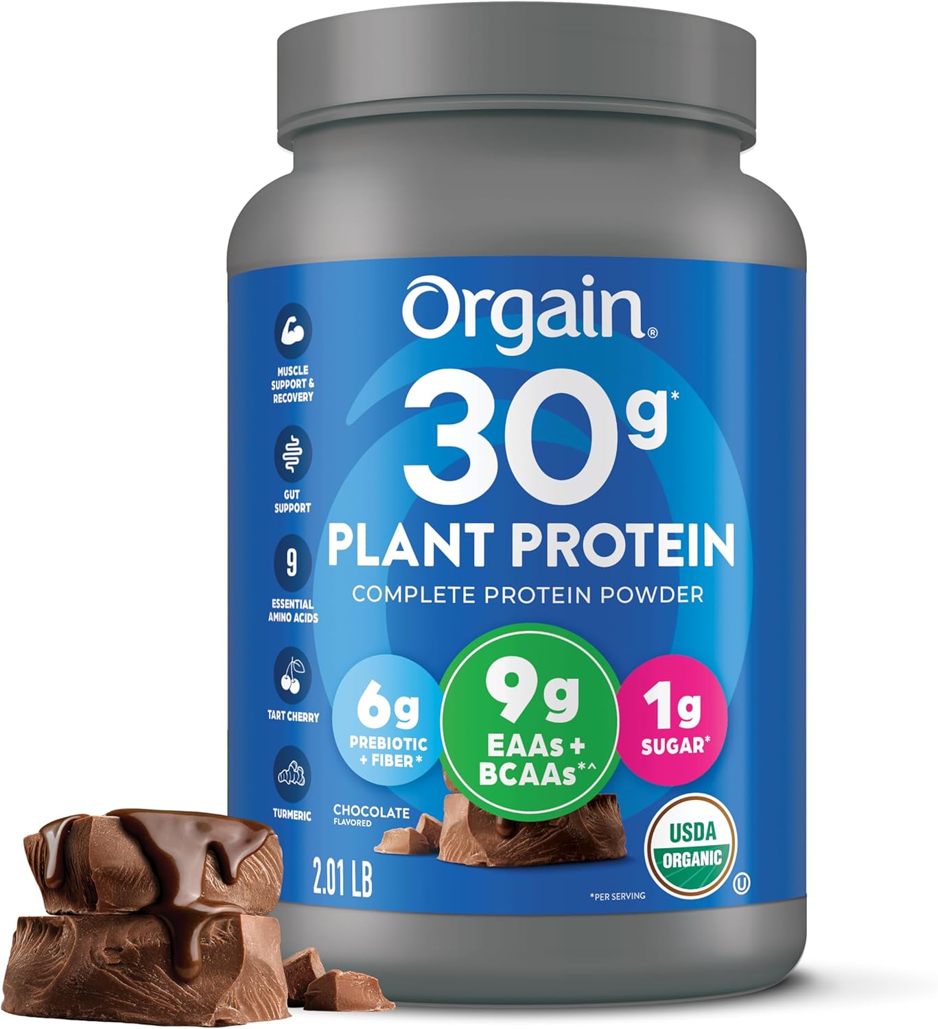 Orgain Organic 30g Vegan Protein Powder, Chocolate 9g EAAs + BCAAs, Plant Protein, 6g Prebiotic + Fiber, 1g Sugar, Pre-Workout, Muscle Support + Recovery - 2.01lb (Packaging May Vary) - Chocolate flavor protein powder by Orgain