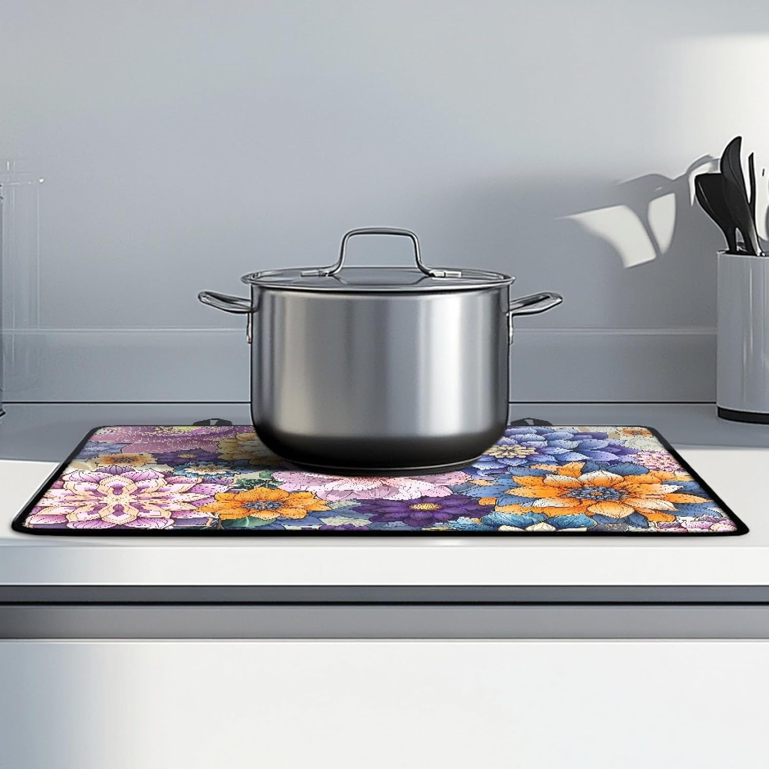 Boho Floral Stove Cover Stove Covers for Electric Stove,Anti-Slip Silicone Stove Cover,Foldable Multipurpose Glass Top Protector with Hanging Loop,Thick Natural Rubber(29.18"x20.96",Pink)