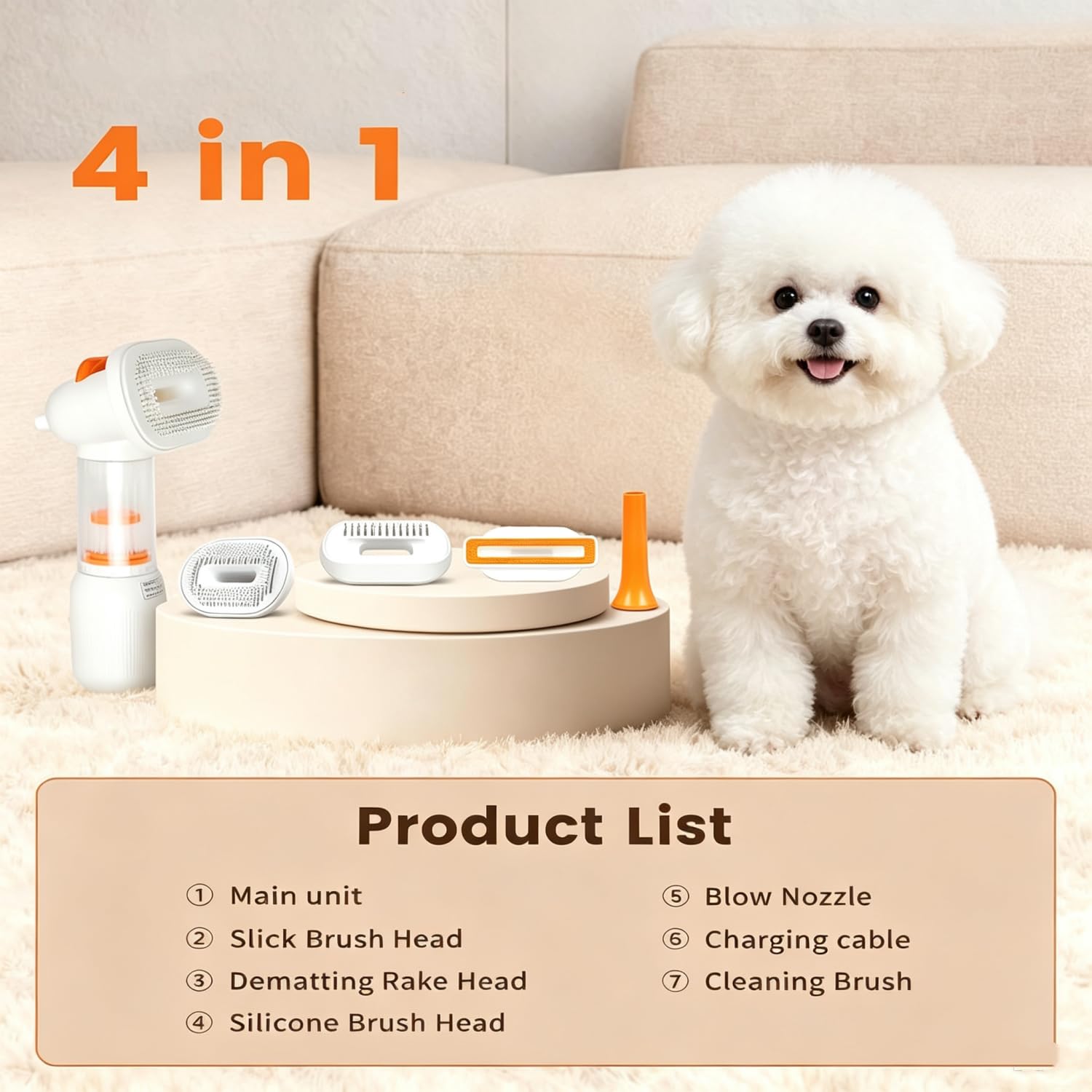 Brosse Aspirateur Chien, 4 en 1 Aspirateur Toilettage Chien Chat avec Design Sans Fil Nettoyage Automatique, Outil de Désaisonnement et Élimination des Poils pour Poils Courts et Moyens