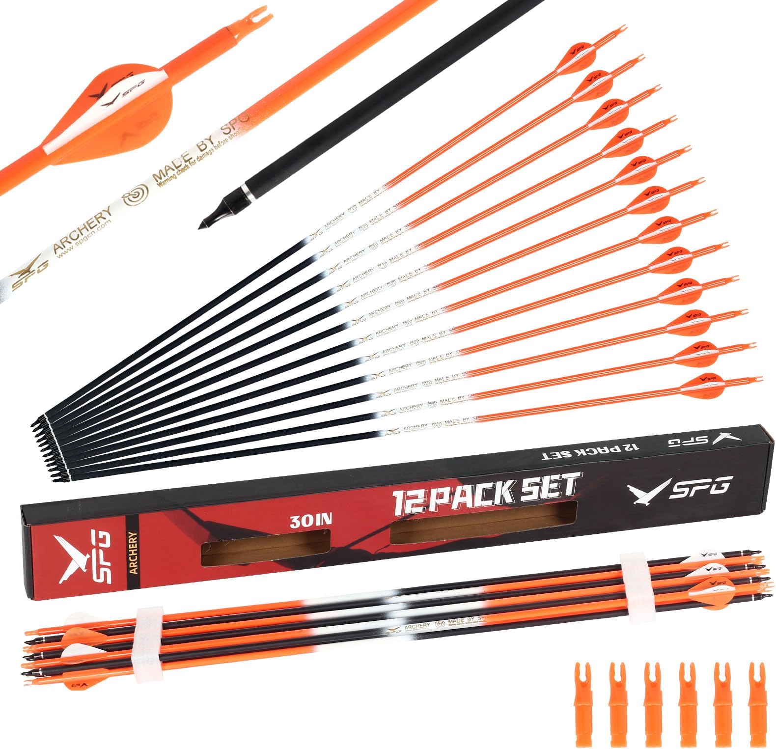 SPG Archery Arrows for Compound Bow - 30 Inch Arrows for Compound Bow, 500 Spine Carbon Compound Arrows for Recurve Bow Shooting Hunting 12 Packs