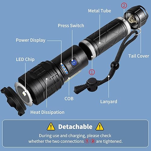 Miniatura 7 de Linternas recargables de alto lúmenes, 900.000 lúmenes, linterna LED súper brillante, potente linterna recargable USB ajustable con luz de trabajo,