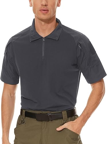 Miniatura 5 de MAGCOMSEN Camisas tácticas militares para hombre, manga corta con cremallera de 14, camisa de camuflaje ajustada