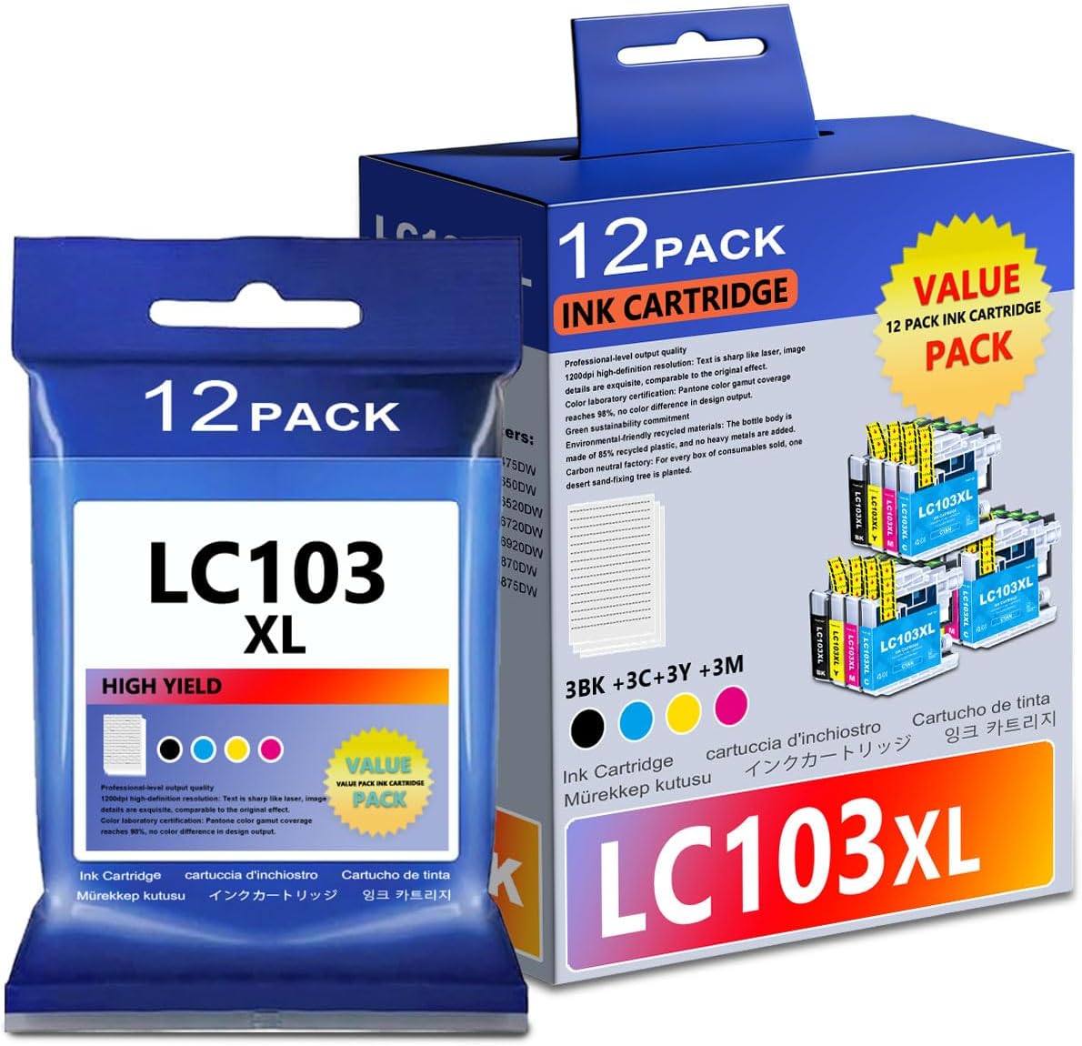 LC103XL High Yield Ink Cartridges 12-Pack (3BK/3C/3M/3Y) Replacement for Brother LC101 LC101XL LC103 LC103XL Ink, Work with MFC-J870DW MFC-J6920DW MFC-J6520DW Printer