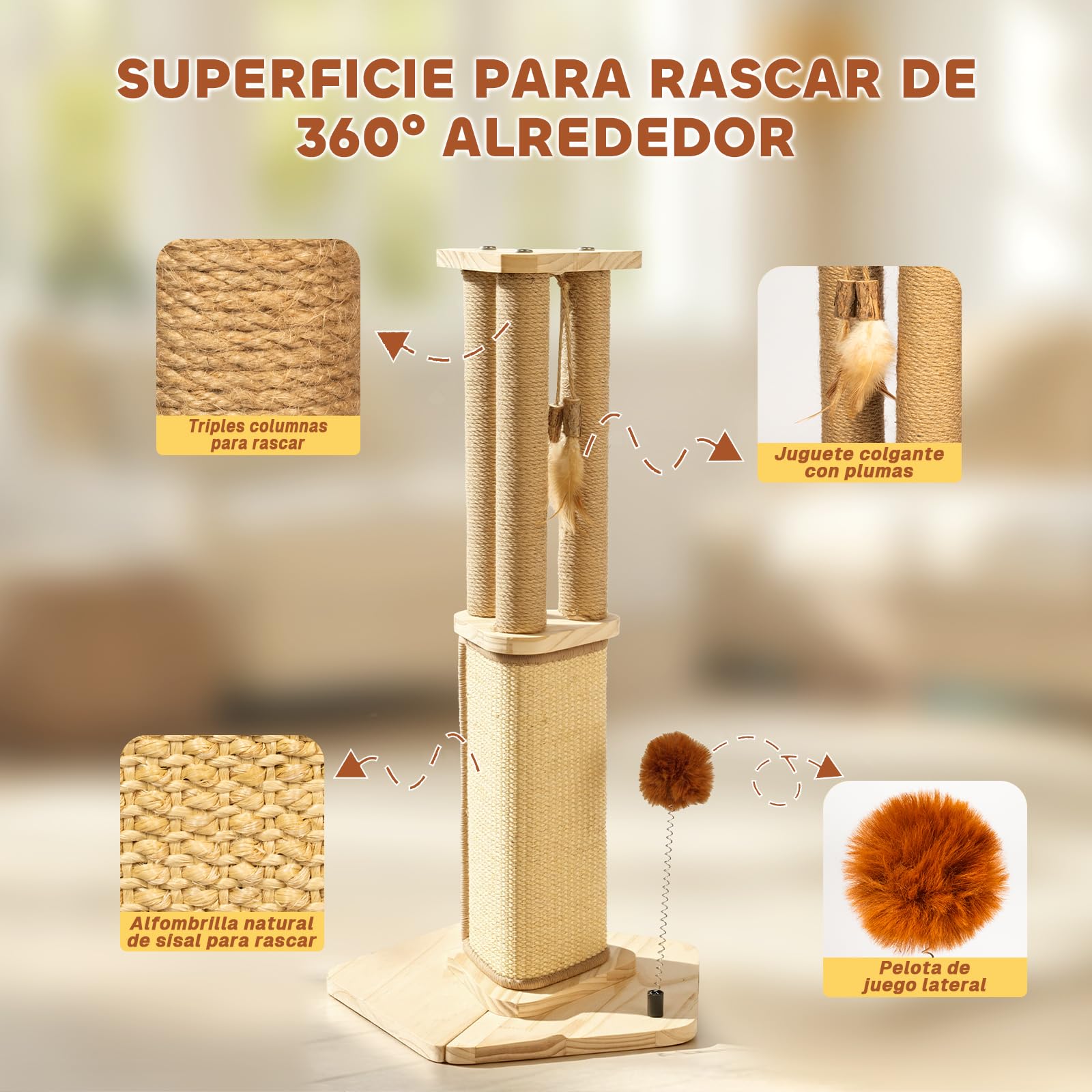 Pawtasy Rascador 67 cm Sisal con Pelota y Plumas para Gatos Interior | Rascador de sisal natural, estable y moderno, con pelota de peluche y plumas, pequeño árbol para gatos de interior