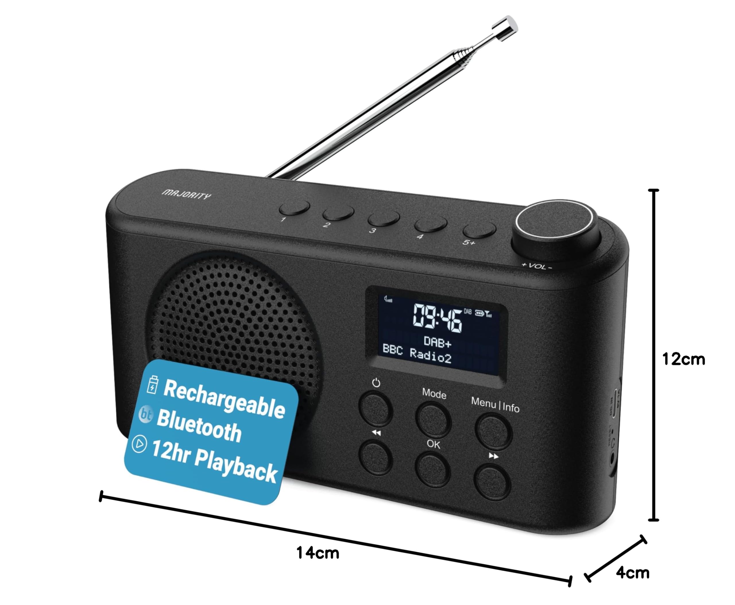 Radio Portatile DAB, DAB+, USB-C | Radio Bluetooth 5.3 Casa con Riproduzione di 12 Ore, Display a LED e Presa per le Cuffie | Majority Orwell