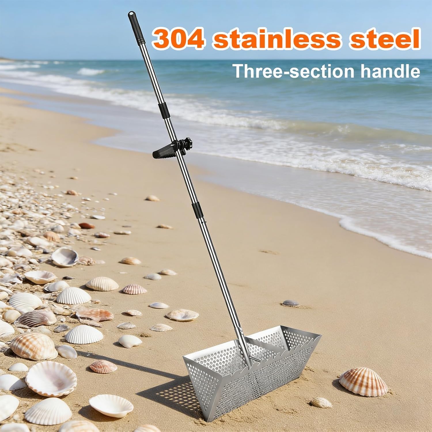 Râteau de Puce de Sable en acier inoxydable - Tamis de Sable de Plage avec Grand Panier à Dents de requin de 20×40 cm, Tamis Détachable Râteau de à Poignée Longue Détachable pour Plage