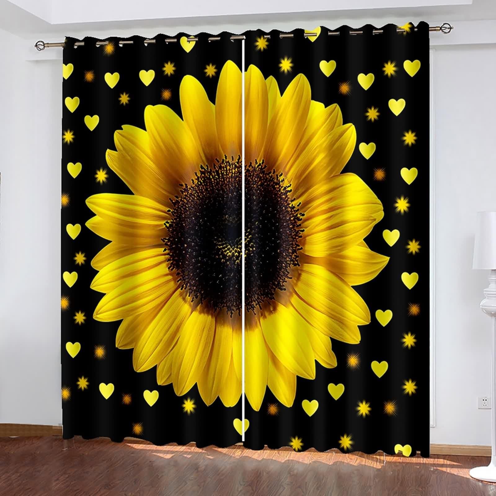 Firanki poliestrowe, materiał na firany w stylu vintage, żółto-czarne, słoneczniki, zestaw 2 sztuk, szer. 96 x wys. 138 cm