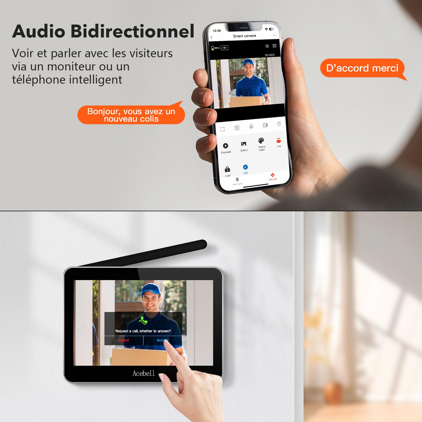 1080P WiFi Visiophone Sans Fil,Interphone Vidéo Sans Fil avec Écran Tactile 7'', Étanche Sonnette de Camera ave Batterie Rechargeable, Vision Nocturne, PIR Détection de Mouvement, Contrôle APP