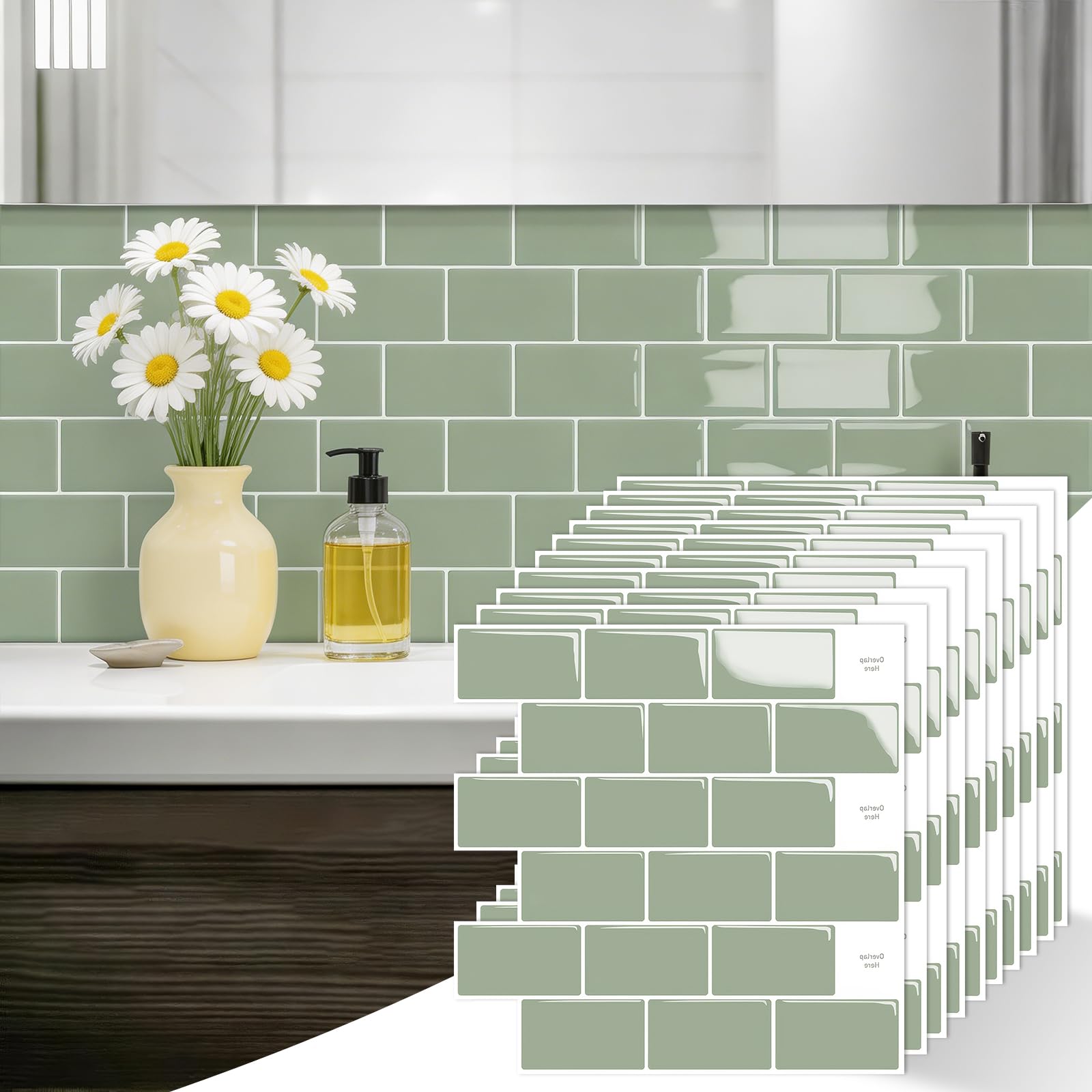 Self Adhesive Wall Tiles, 3D Peel and Stick, 10-Sheet 12"x12", Light Green