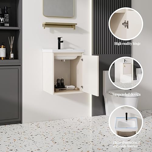 Miniatura 99 de Tocador de baño de 20 pulgadas con lavabo de cerámica, tocador de baño pequeño montado en la pared con puerta de cierre suave, gabinete flotante