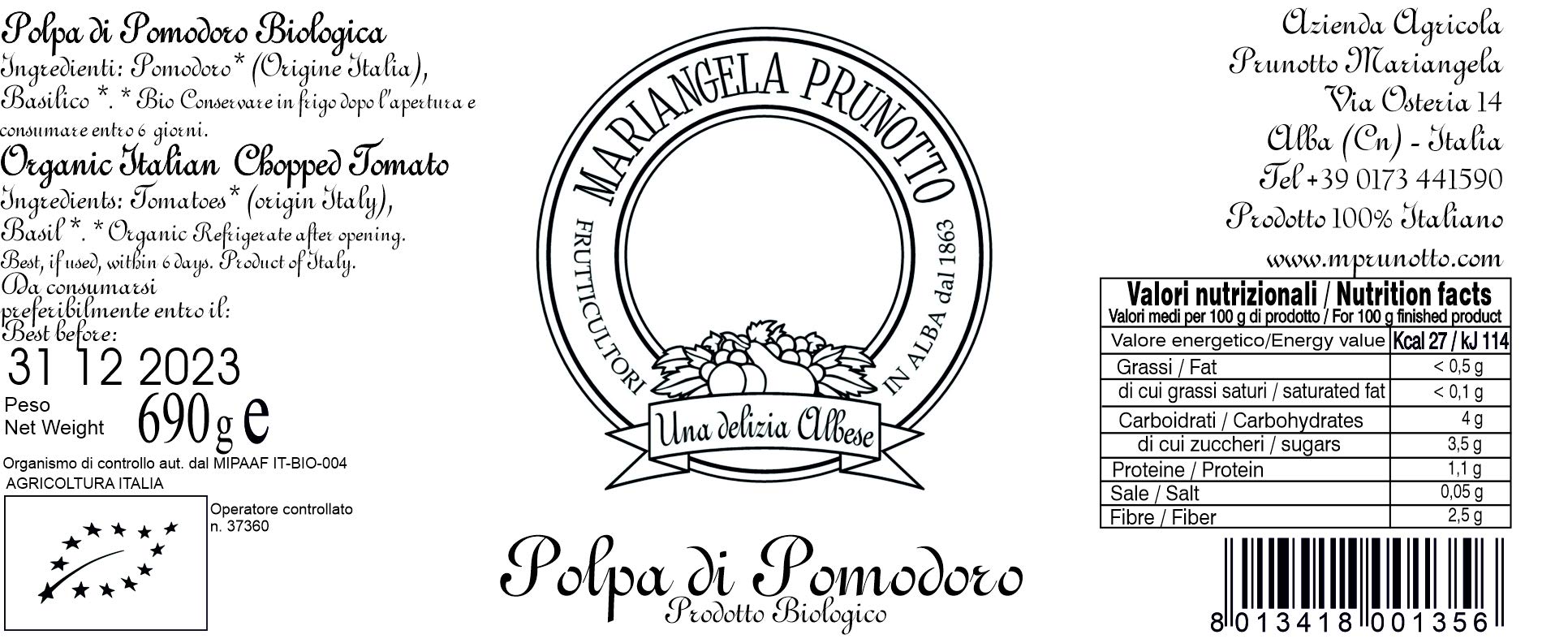 Mariangela Prunotto - Una Delizia Albese - Frutticultori in Alba dal 1863 (MA7JQ) Azienda Agricola - N. 6 Bottiglie Polpa Di Pomodoro Biologica Con Foglia Di Basilico G (6xg), Originale, 690 Grammo