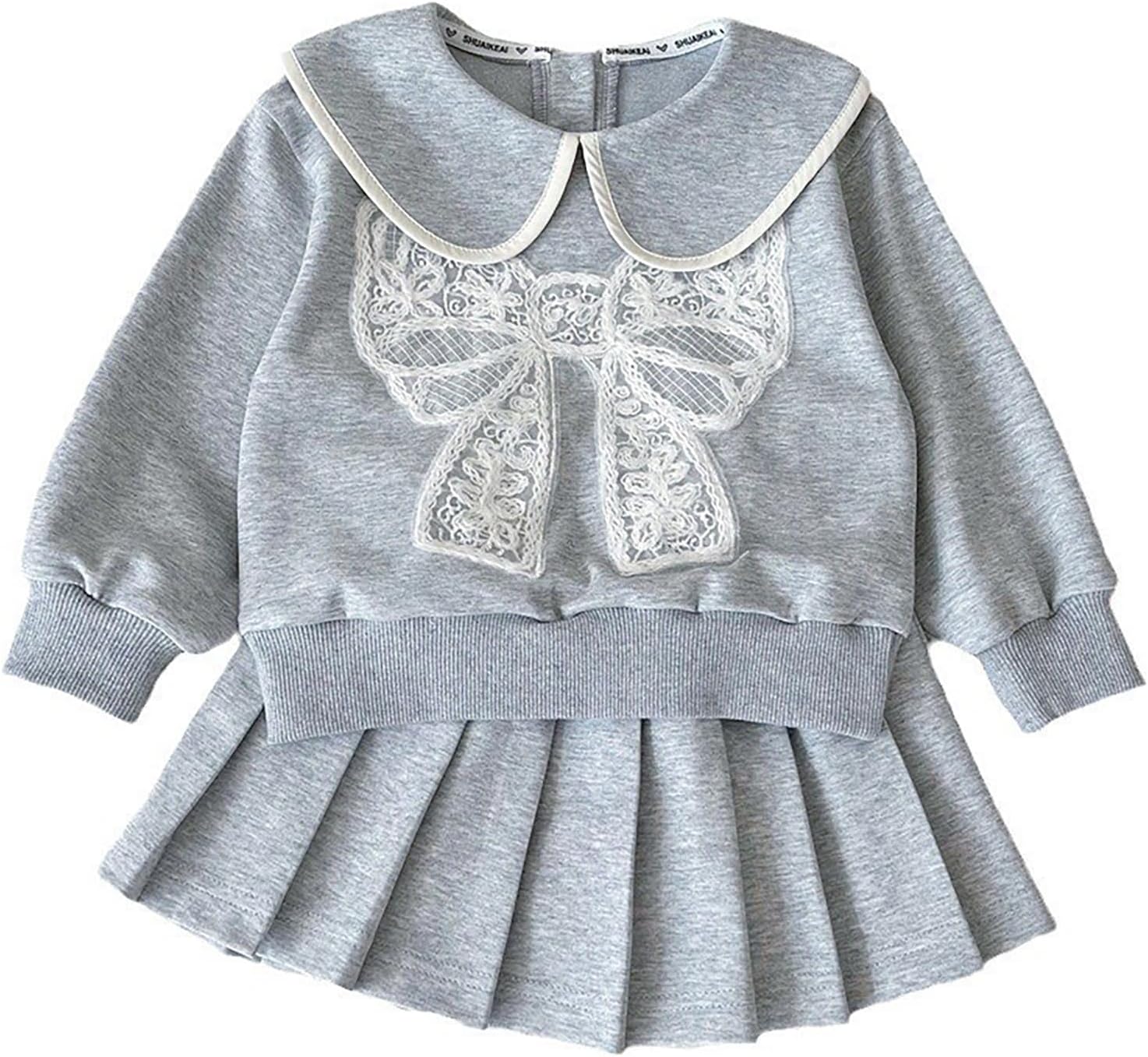 2-8T Girl Clothing Set Grey 2 Piece Sets Peter Pan Collar Lace Bow Top & Pleated Skirt Toddler Girls Fall Clothes