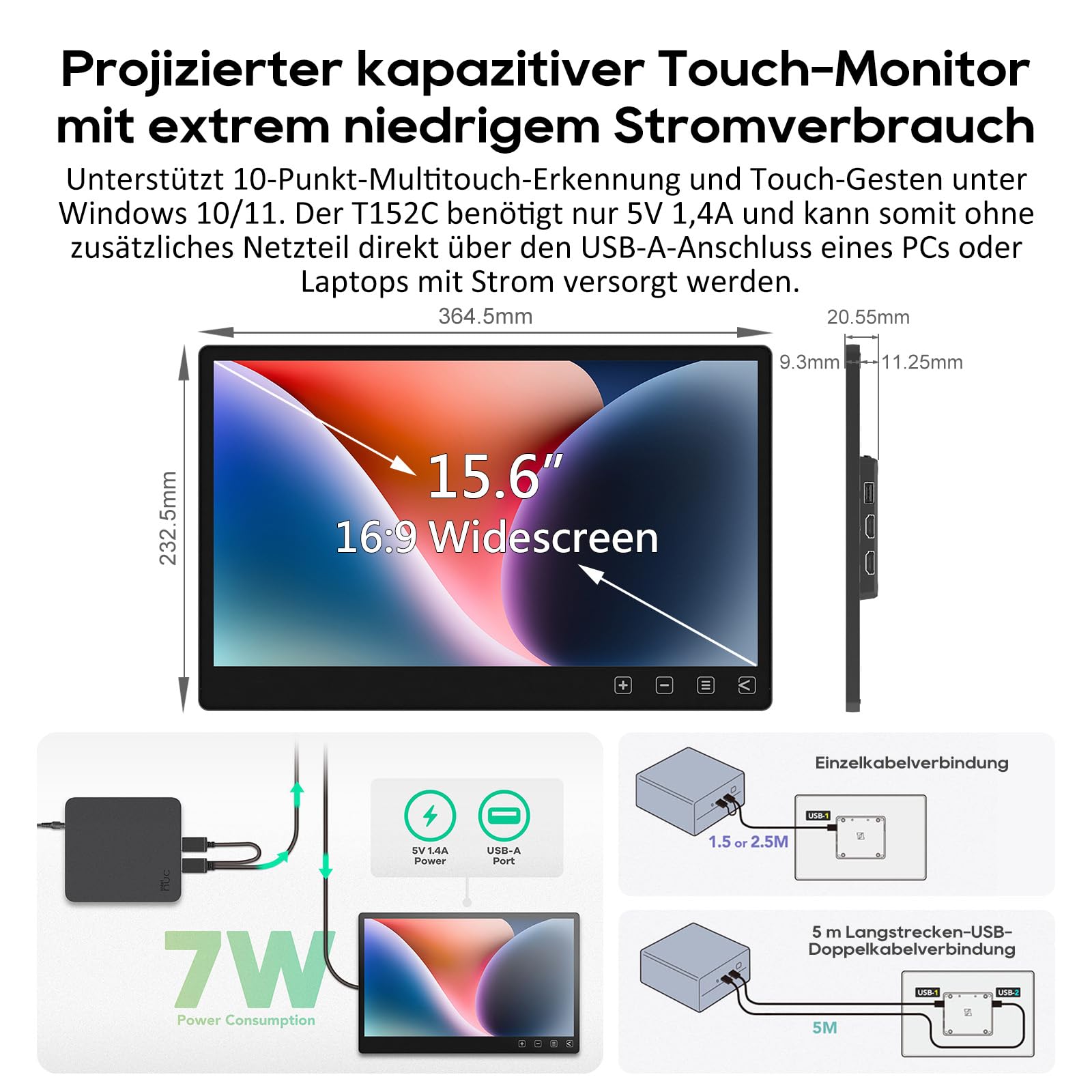 Gechic 15,6-calowy pojemnościowy ekran dotykowy monitor T152C, monitor KVM z 2 HDMI, 2 porty USB, monitor dotykowy FHD, ochrona przed odciskami palców, z VESA 75 x 75 do POS, kiosku, komputera