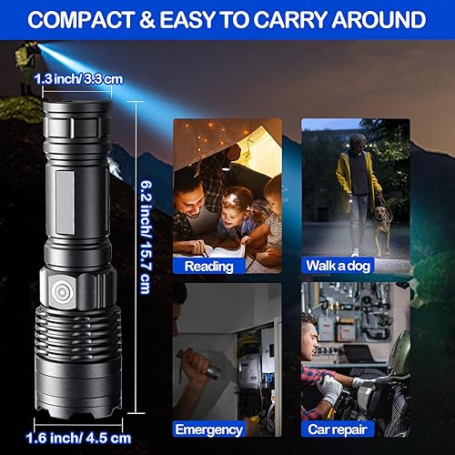 Miniatura 6 de Linternas recargables de alto lúmenes, 1 paquete de linterna táctica súper brillante con modos de iluminación ajustables, luz LED de mano con zoom