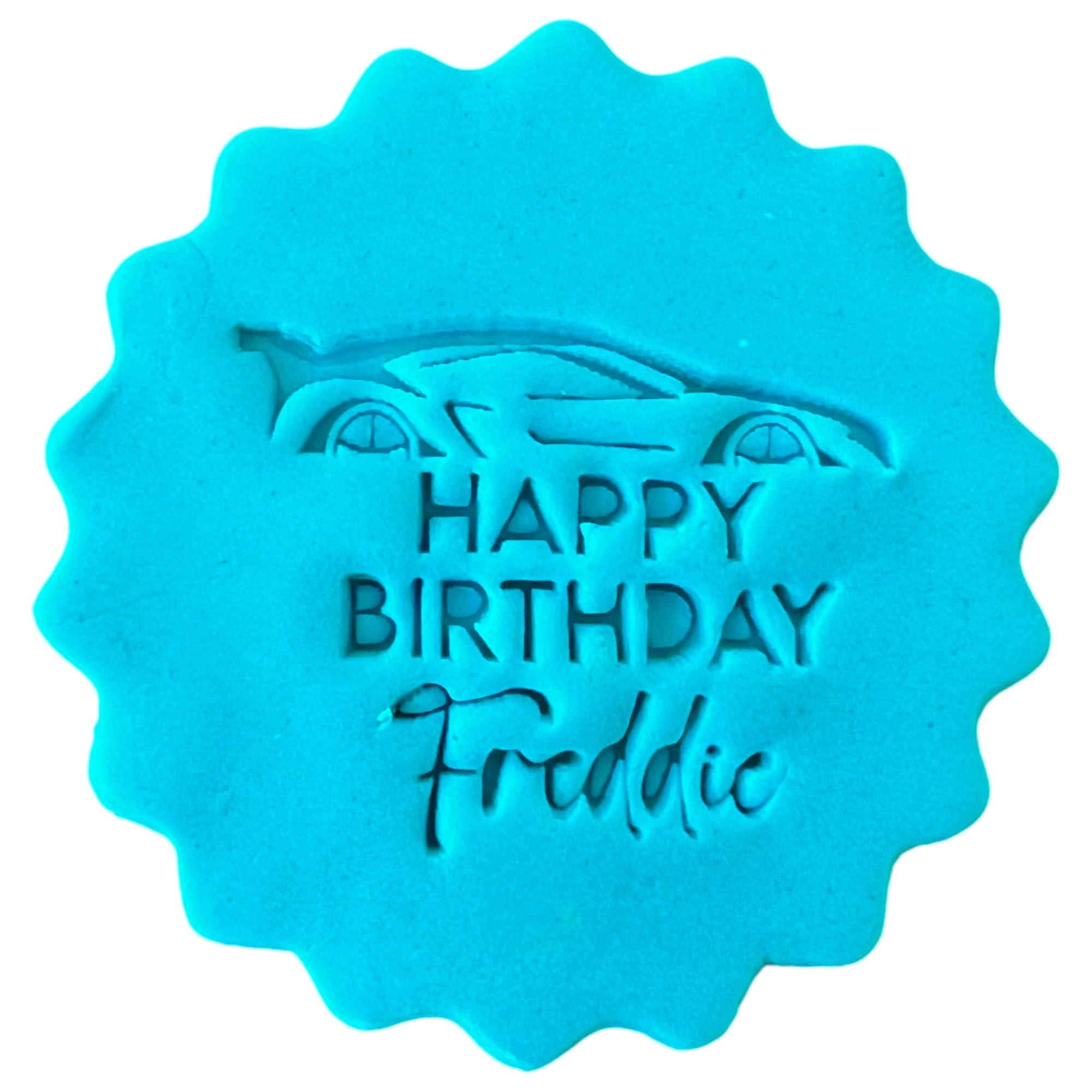 Personalised Birthday Cookie Stamp with Free Scallop Cutter, Your Custom Words, 5cm Acrylic Biscuit Embosser, Food-Safe Plastic Baking Tool, Fits M&S All Butter Biscuits (Design 3)