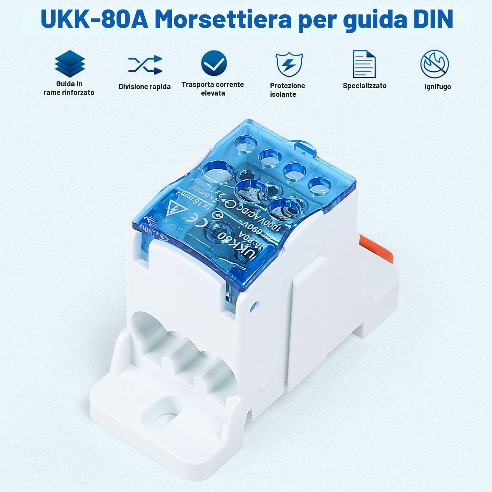 Jadeshay Morsettiera Distribuzione UKK-80A Morsettiera DIN 1 Ingresso 6 Uscite 80A con Coperchio Trasparente per Montaggio su Guida DIN