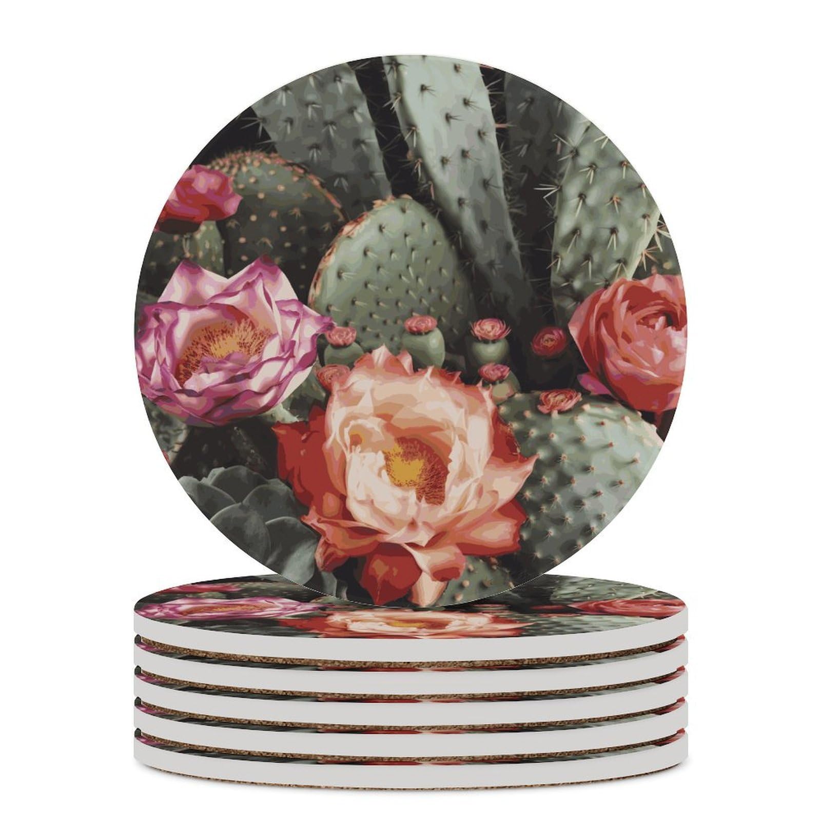 Khauerbc Style Roses Flowers And Cactus Drink Coasters With Holder For Coffee Table,Ceramic Coaster With Cork Base,Ceramic Stone Coaster For Iced Cold Or Hot Drinks,4.1 Inches