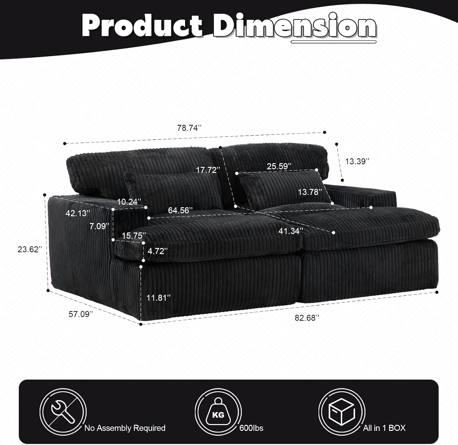 82"W Double Cozy Chaise Lounge Chair, Oversized Boneless Corduroy Upholstered Sleeper Sofa with Back Pillows and Wide Armrests, for Living Room, Bedroom, or Apartment, No Assembly Required, Black