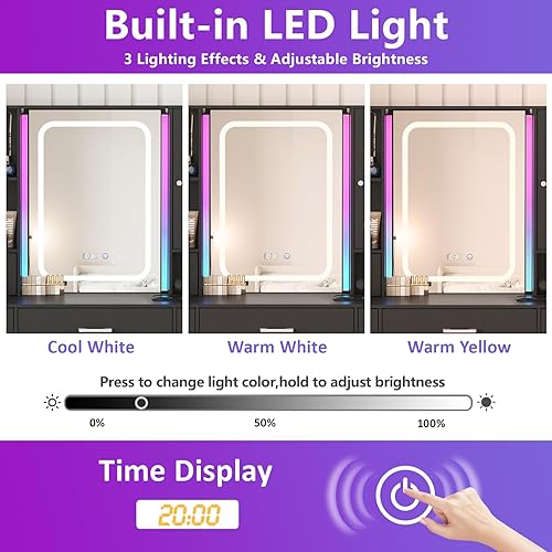 Miniatura 3 de Fameill Escritorio de maquillaje negro con luces, tocador de maquillaje con luces RGB, tira de alimentación de arena, mesa de tocador con 5 cajones,