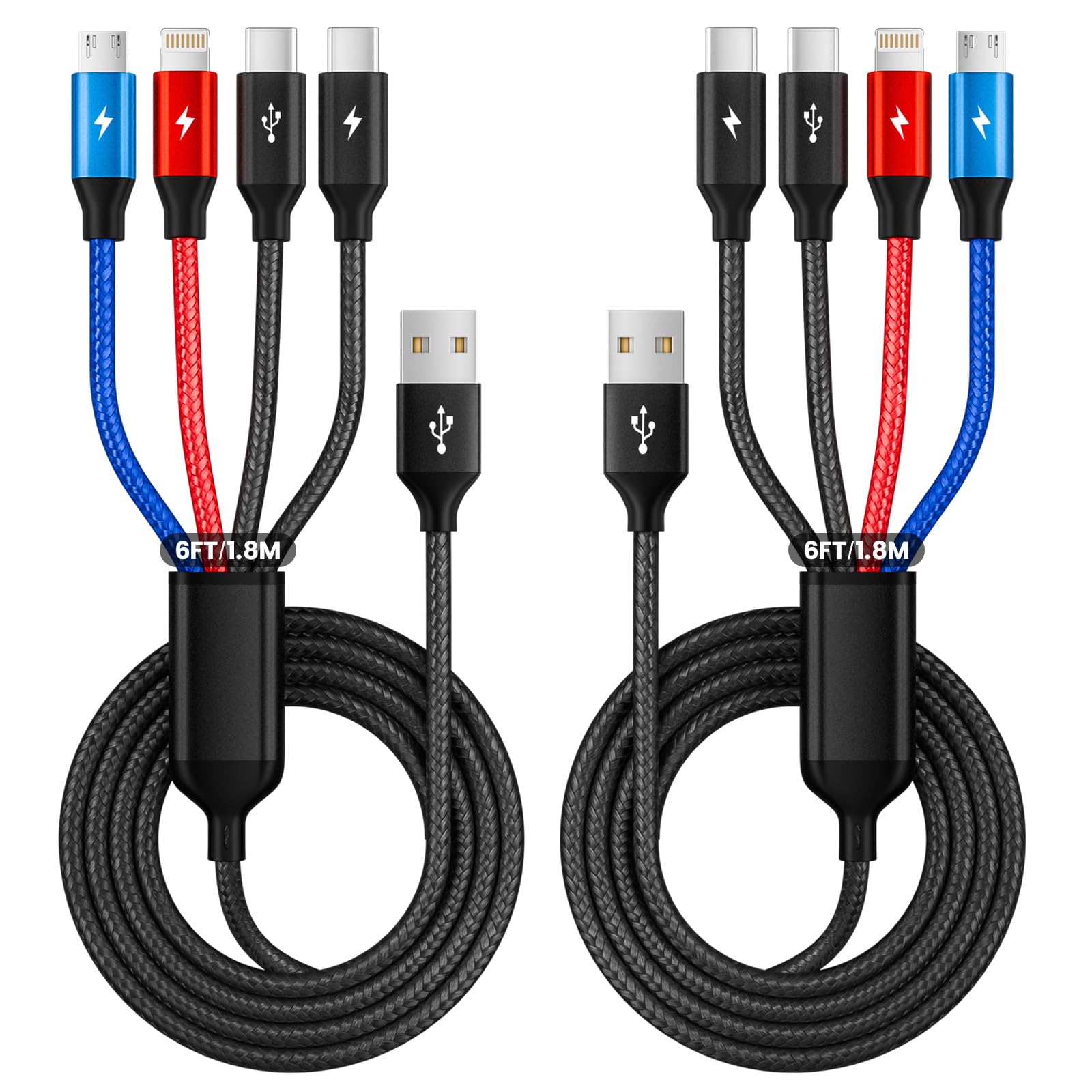 2Packs 6FT Dual Type-C 4 in 1 Multi Charging Cable for Multiple Devices with 2 USB-C/IP/Micro Port, USB Cable iPhone Charger Cord, Travel Car Accessories for iPhone17-8, Galaxy 25 Android iPad, More