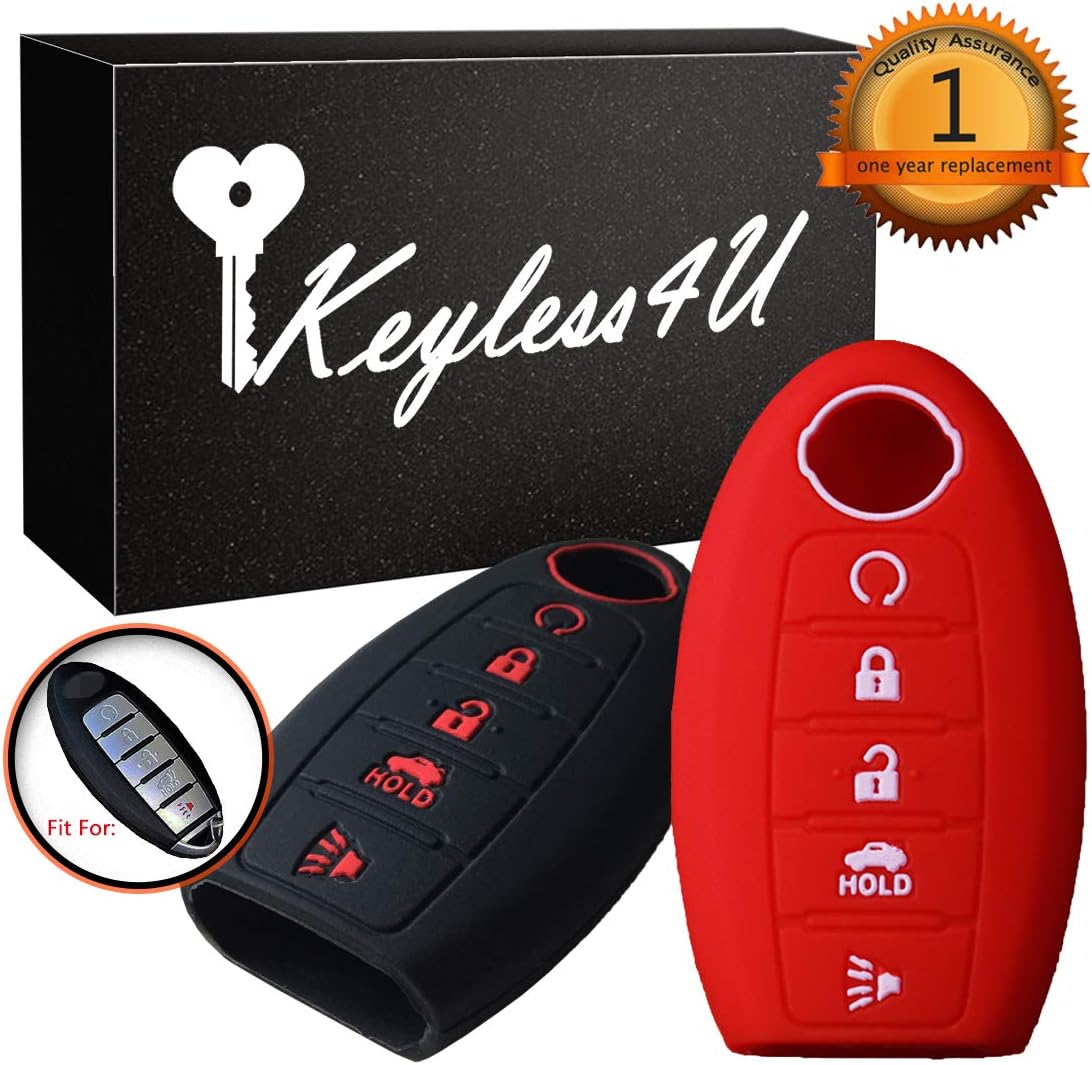 2Pcs Keyless4U 5 Buttons Silicone Key Fob Case Cover Jacket Holder Protector for Nissan Altima Maxima Armada Murano Rogue Sedan Pathfinder (Black Red)