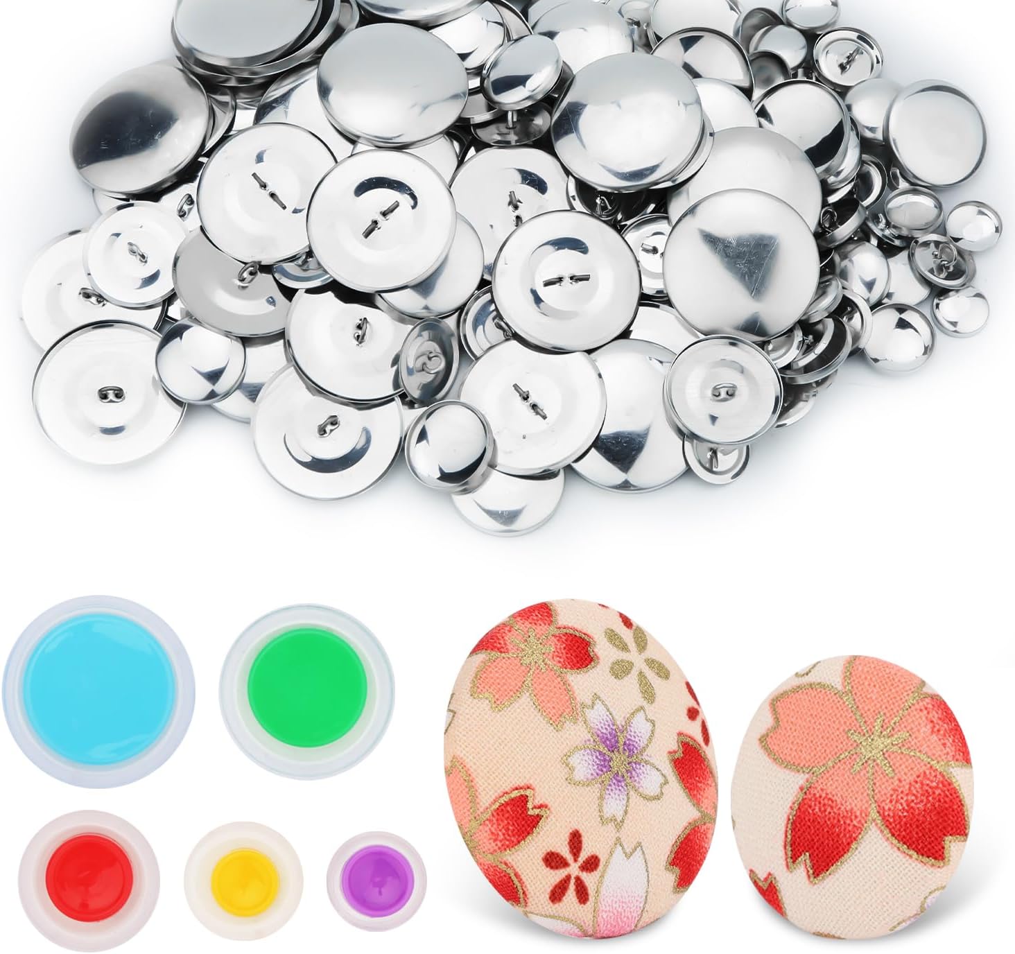 Luter 100pcs Button Covers Kit - 5 Sizes, Tools for DIY Fabric Covered Buttons, Silver