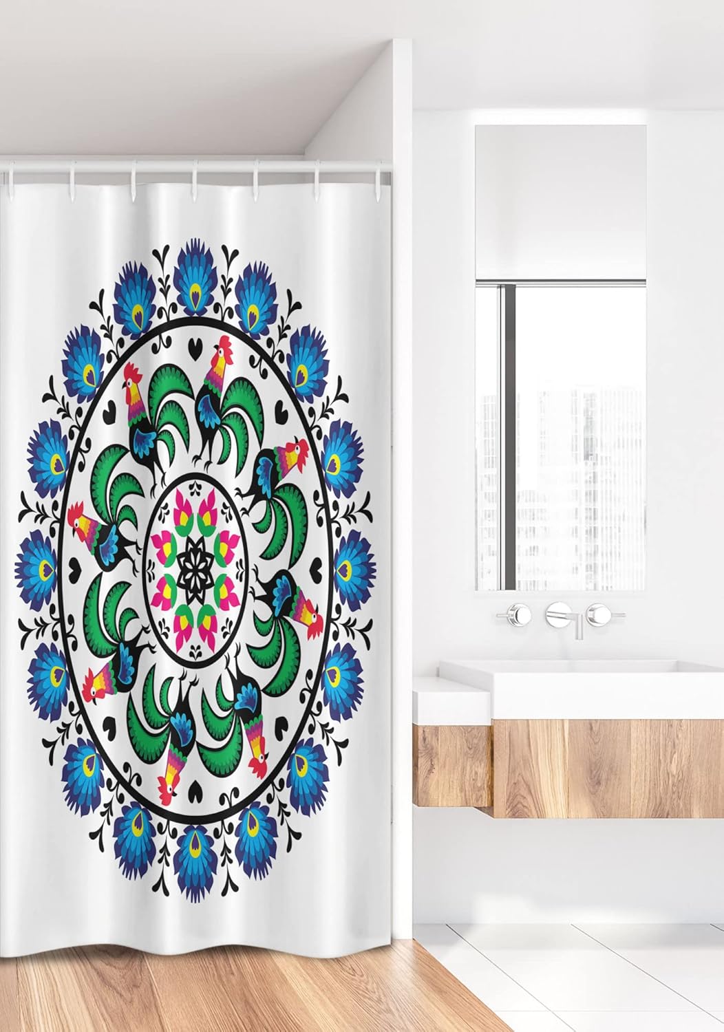 Ambesonne Gallus Stall Shower Curtain, Circle with Roosters Mandala Round Shape National Central Europe Mosaic Art, Fabric Bathroom Decor Set with Hooks, 36" W x 72" L, Multicolor