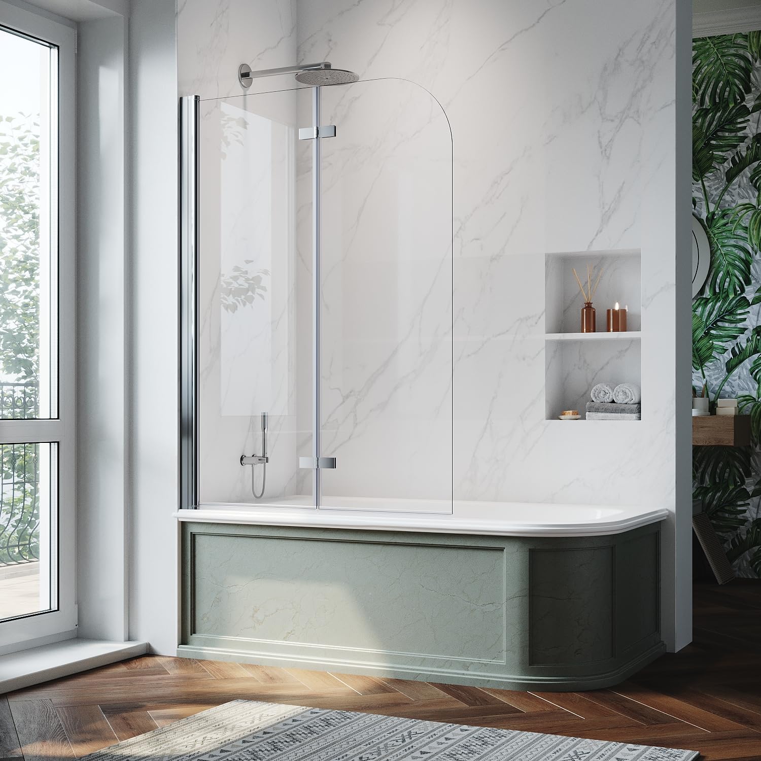 ZANOFIRA 900 x 1400mm Bi-Fold Pivot Bath Screen 6mm Toughened Safety Glass Shower Screen Folding Bath Screen with 90° in & Out Opening & 180° Fold Flat Design Reversible Installation