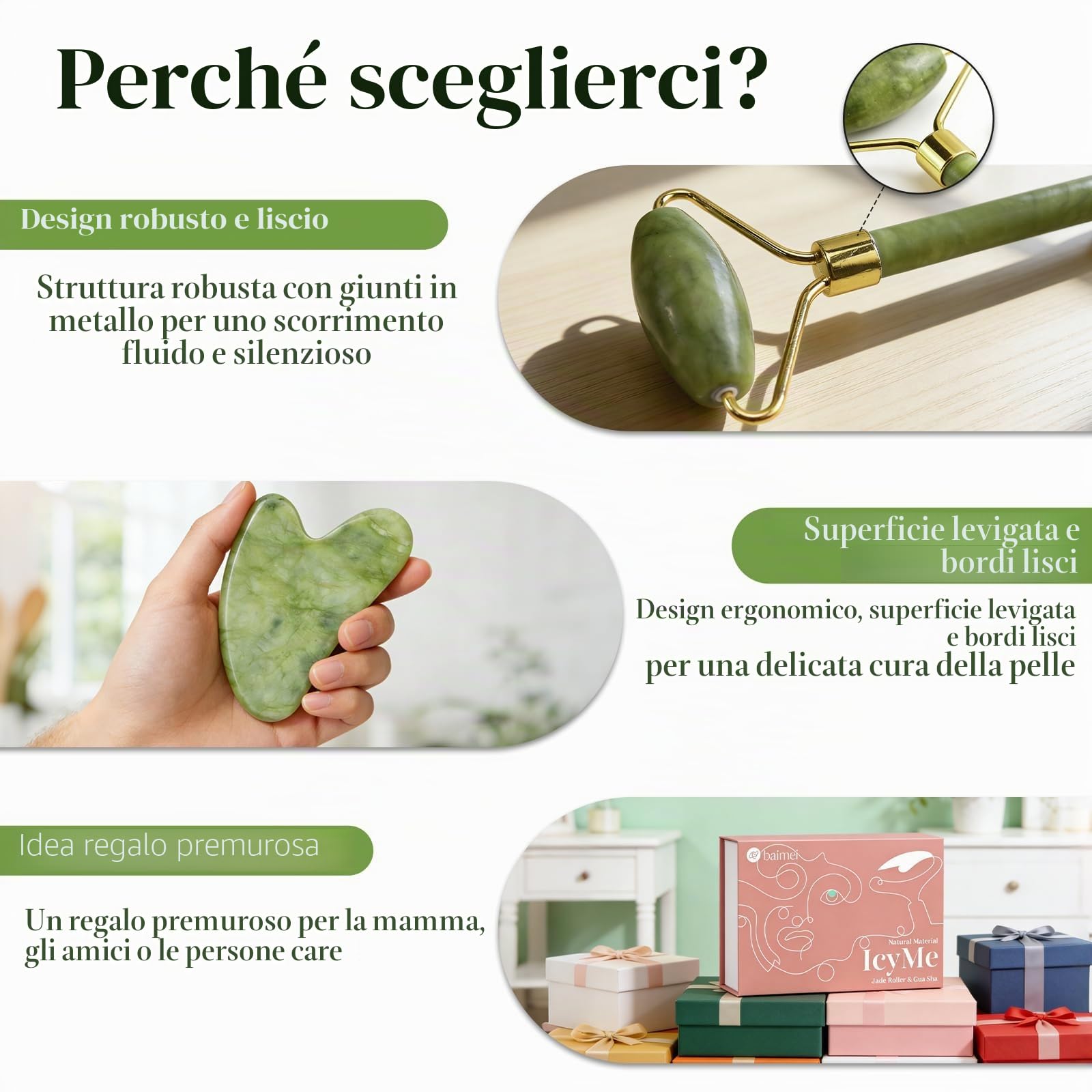 BAIMEI Gua Sha e Rullo di Giada per il Viso，Massaggiatore Lifting Viso e Guasha per il Corpo, Idea Regalo Perfetta，e Rilassa La Pelle，Regali Per Le Donne