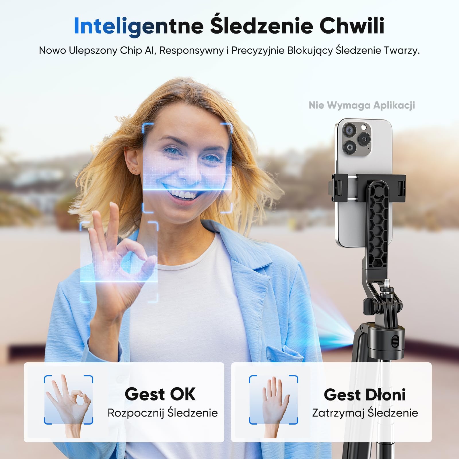 Jeebel Statyw z Śledzeniem Twarzy - 180cm Wysuwany Kijek do Selfie z Lampą LED/Sterowaniem Gestami/Zdalnym Sterowaniem/NO App/Obracany 360° - Stabilizator Gimbalowy do Telefonu DSLR Wideo Live Vlog