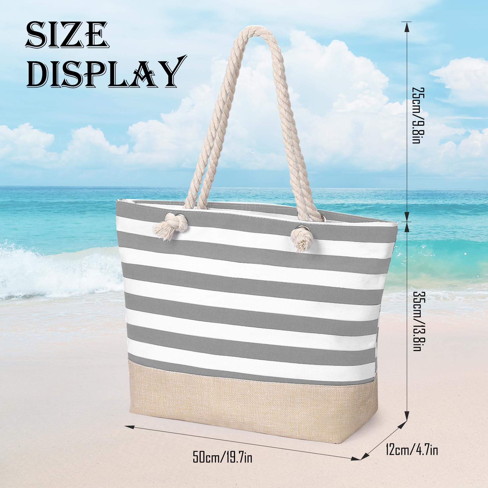 Bolsa de Playa Grande para Mujer, Impermeable Totalizador de Lona de Verano con Cremallera Bolso Tote Beach Bag Bolso Playa Shopper para Viajes Compras Gimnasio, Gris