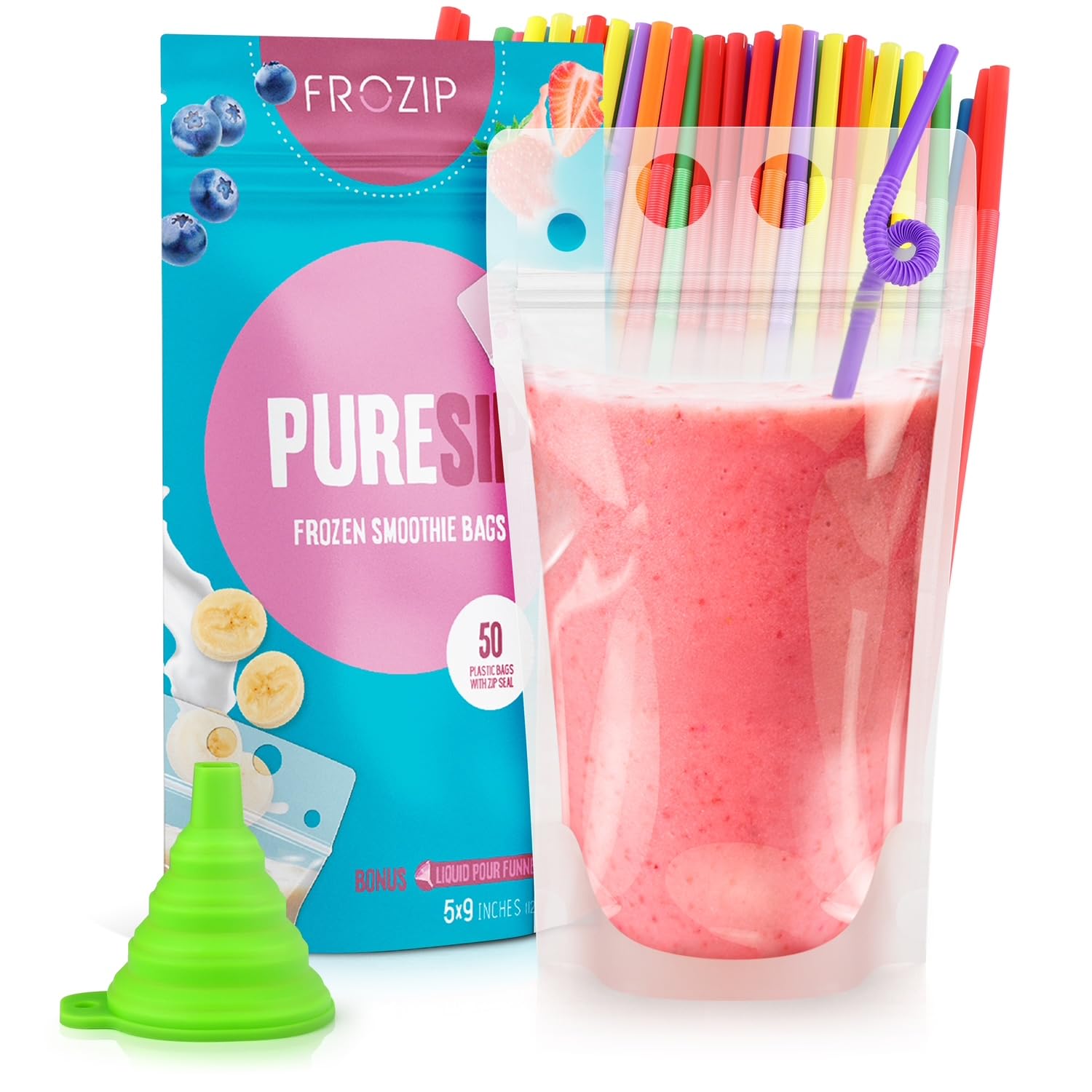 50pcs 16oz Drink Pouches for Adults - Drink Pouches with Straws x50 & Funnel - Resealable Smoothie Pouches & Clear Juice Pouches for Adults - Drink Bag Plastic Pouches for Drinks with Straws
