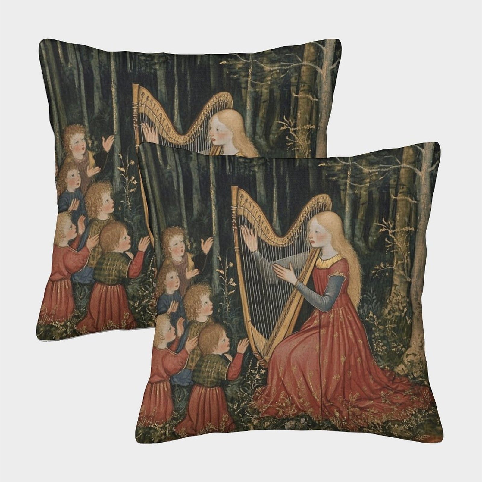 kaiyun 2 Pack Young Woman Playing Harp for Children,Medieval Style Pillow Case Home Decoration Sofa Cushion Cover 50x50cm
