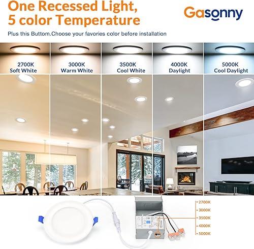 Miniatura 6 de Gasonny Paquete de 6 luces LED empotrables ultrafinas de 6 pulgadas 5CCT con caja de conexiones, 2700K3000K3500K4000K5000K seleccionable, 12W Eqv,