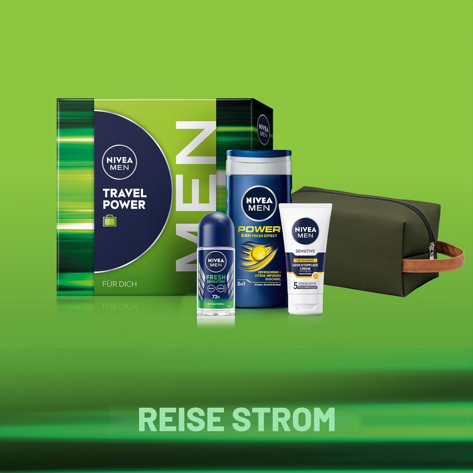NIVEA MEN Travel Power Geschenkset, Pflegeset mit Pflegeprodukten für unterwegs, Set mit NIVEA MEN Duschgel, Deo Roll-on, Gesichtspflege Creme und Kulturtasche