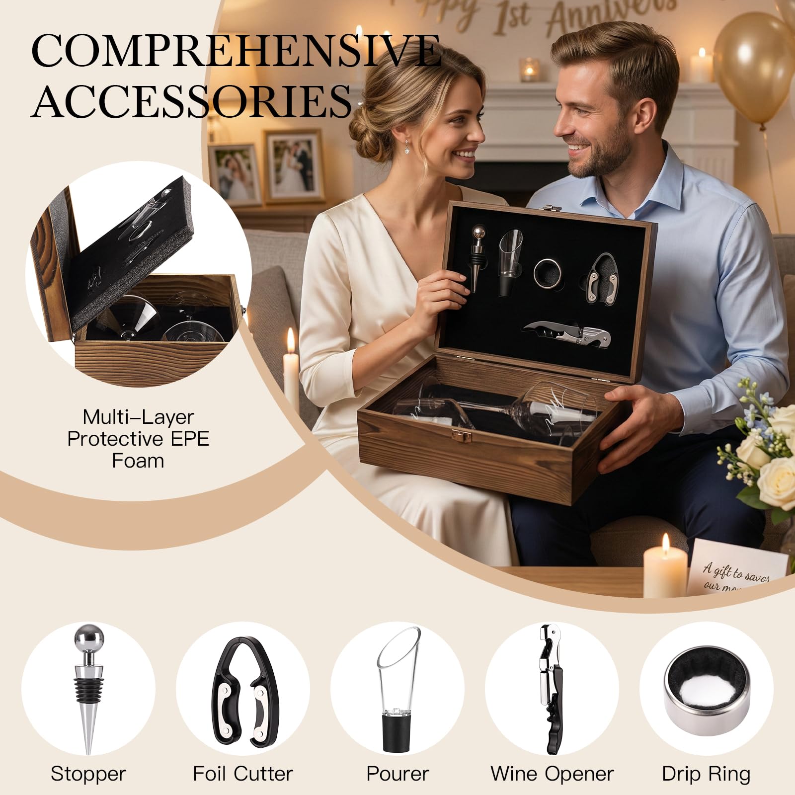 Wedding/Anniversary/Engagement/Bridal Shower and Bachelorette Gifts for Couples,Bride & Newlywed, Engraved Mr and Mrs Wine Glasses with 5-Piece Wine Accessory Kit