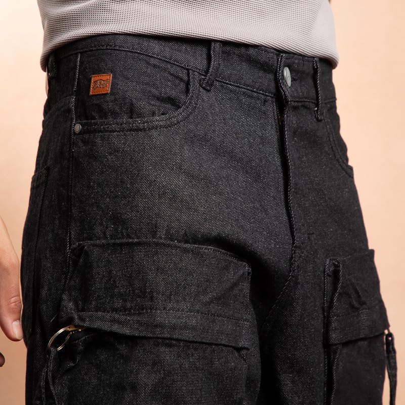 Image of CAHOOT Men Denim Jeans - Relaxed Fit Mid Rise Solid Pattern - 100% Cotton Dark-Wash Denim with Turned-Up Cuffs & Six Pockets for Casual & Street Wear