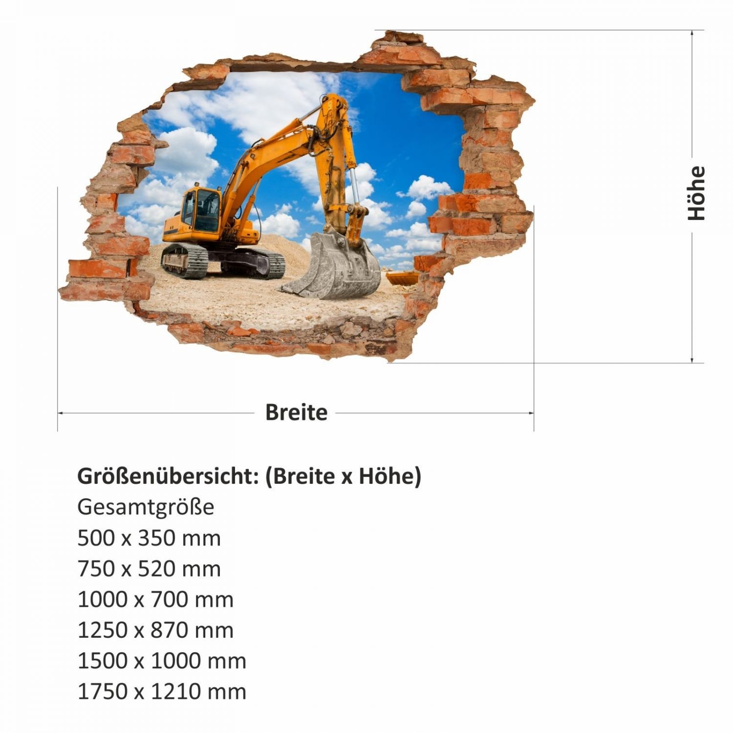 nikima 049 Wandtattoo Bagger Baustelle - Loch in der Wand - in 6 Größen - coole Kinderzimmer Sticker und Aufkleber Wanddeko Wandbild Junge Mädchen Größe 1750 x 1210 mm