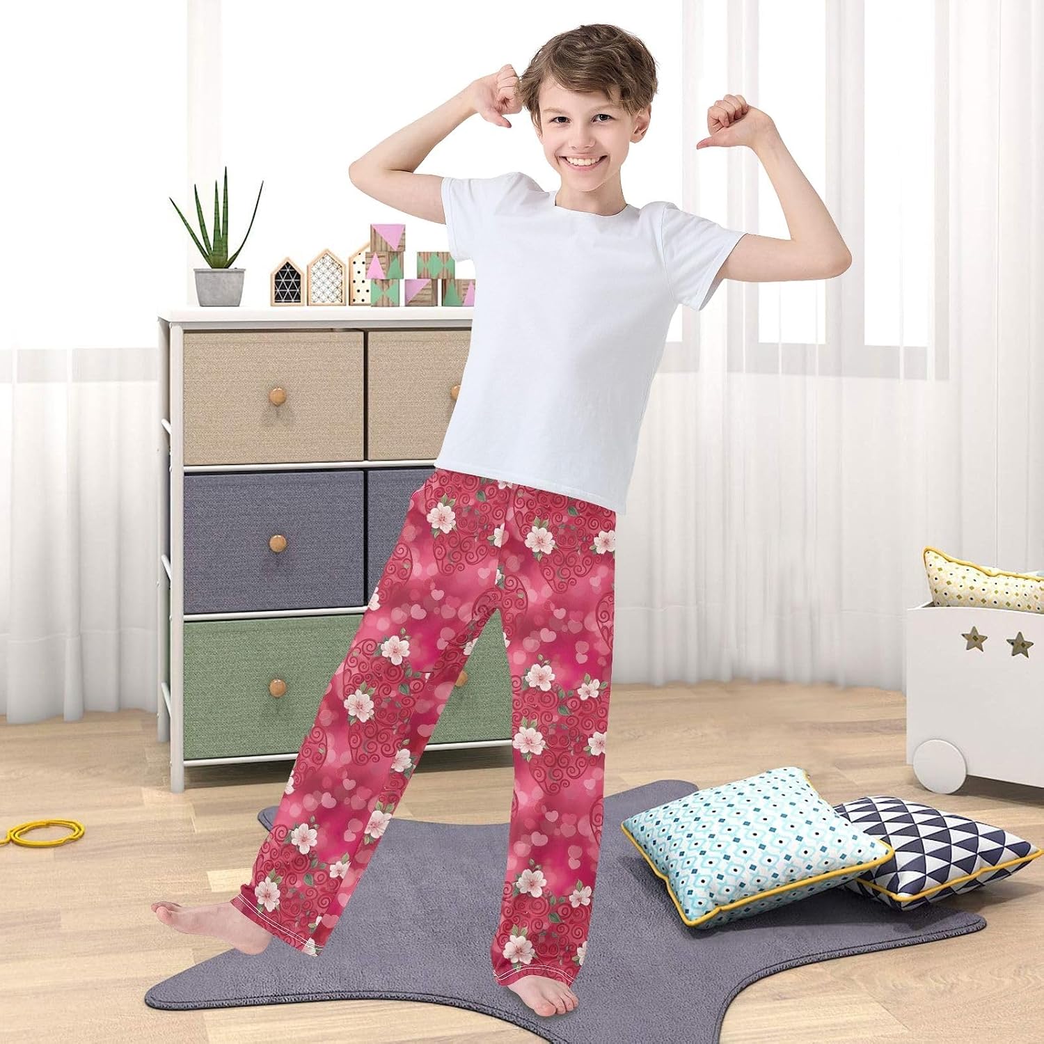 Red Pink Heart White Flower Pajama Pants Soft Modal Fabric Cozy Loungewear with Pockets Elastic Waist