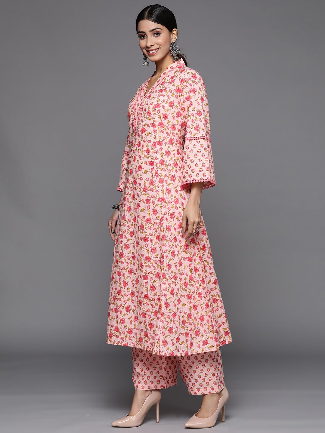 Varanga Women Peach Printed V Neck Collar Kurta With Tonal Dupatta And Bottom, Three-Quarter Sleeves, Lace Detail