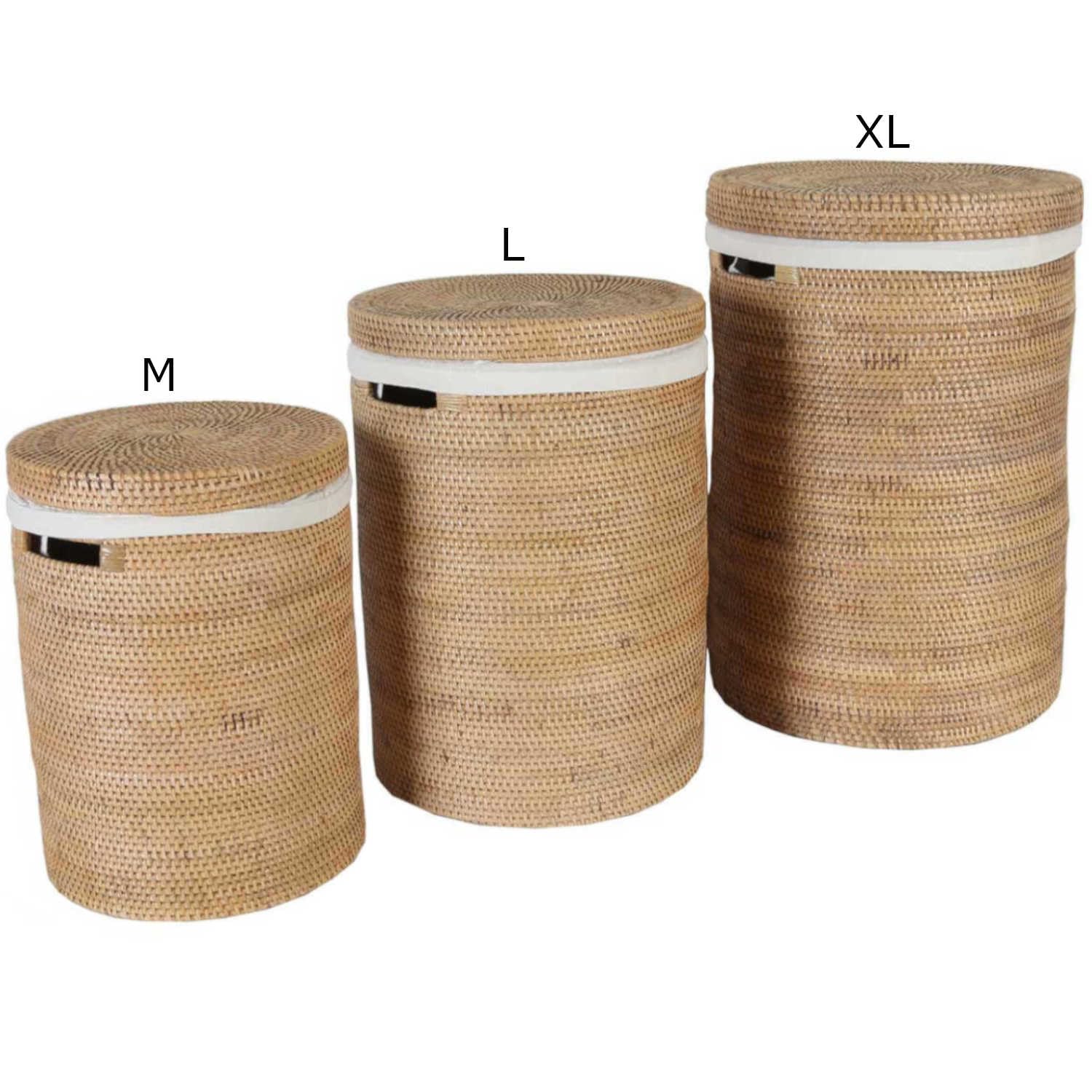 Rattan Wäschekorb CLEO M 30x40cm (DxH) in Natur Beige Braun rund mit Deckel & Innensack | Boho Wäschesammler mit Griff Aufbewahrungskorb rustikal geflochten LOM20031