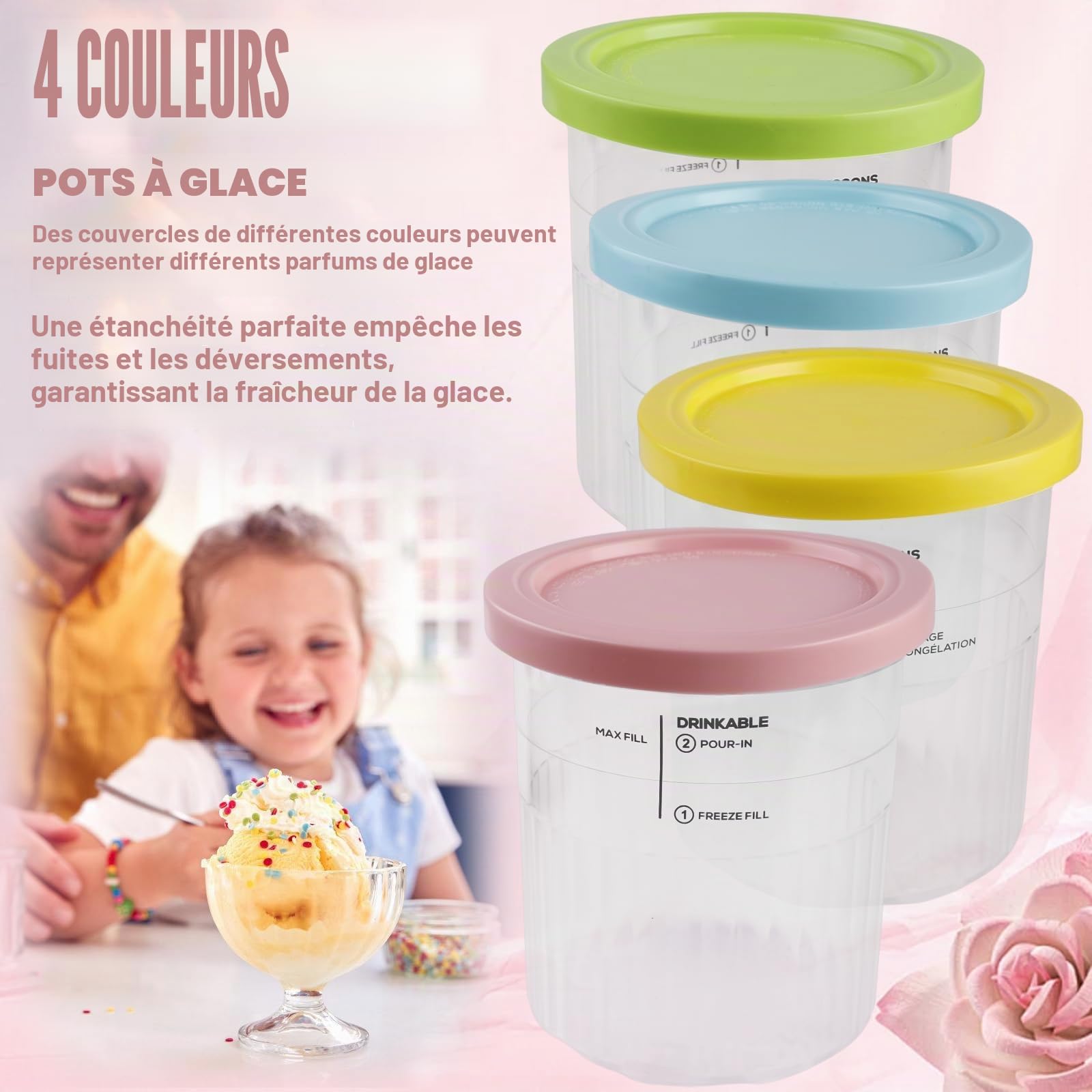 GOMETY Creami Lot de 4 récipients pour sorbetière Ninja Creami, Creami Deluxe pour sorbetière Ninja Creamy NC500EU NC501EU, accessoires anti-fuite, en rose, jaune, vert, bleu