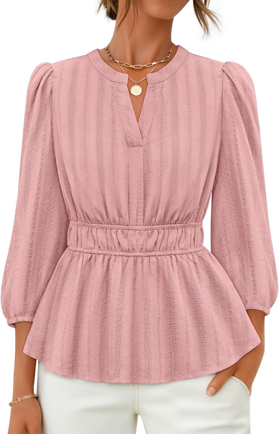 ZESICA Women's 2026 Fall Babydoll Peplum Tops V Neck Puff 3/4 Length Sleeve Shirts Dressy Casual Blouses