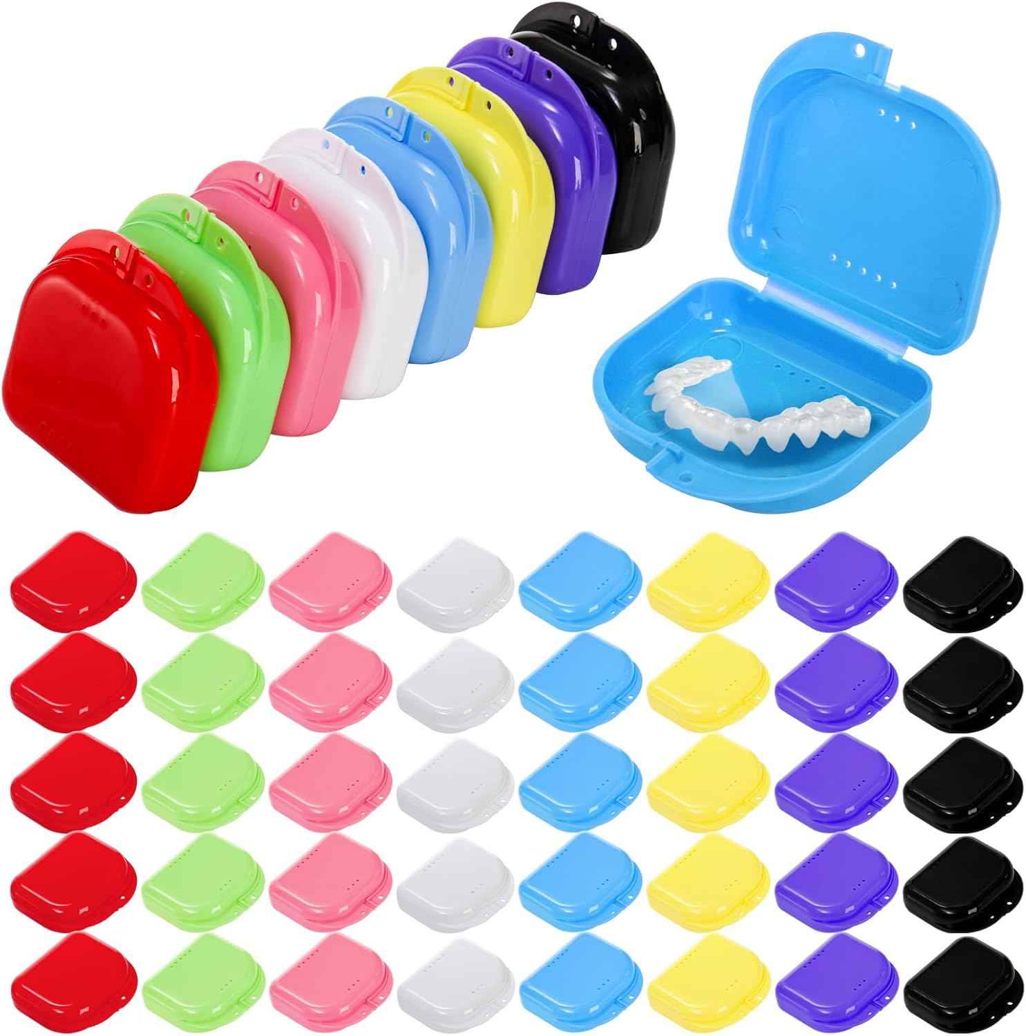ZENFUN 40 Packs Retainer Case, Mouth Guard Cases Denture Case Bulk, Slim Aligner Box with Vent Holes, Assorted Denture Storage Container for Night Guards, Individually Sealed