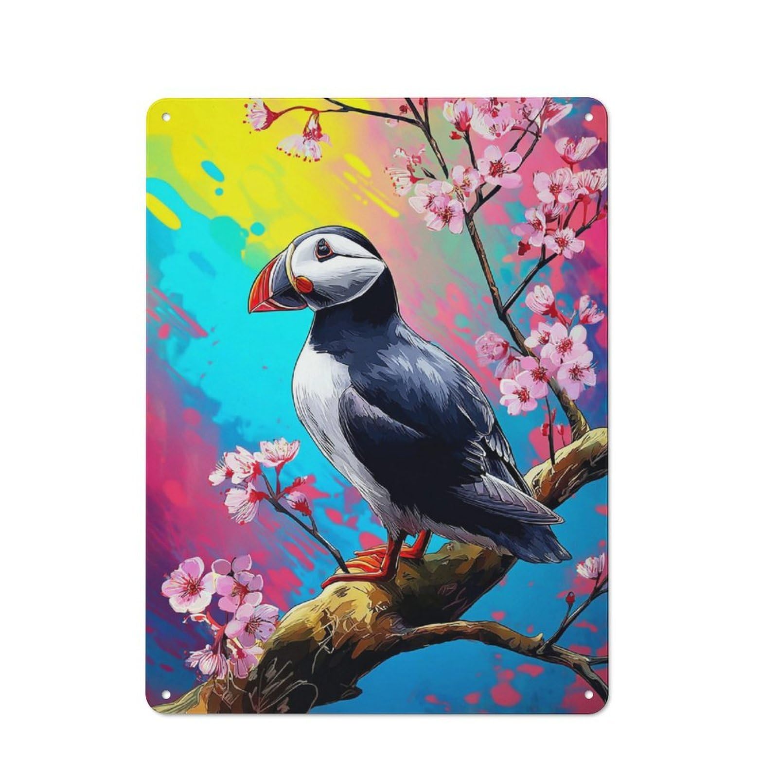 Industrial Decorative Metal Plaque 40x30cm Featuring Puffin Perched on Blossom Branch -1, Urban Room Decor for Flat, Bar, Studio Or Gallery Wall