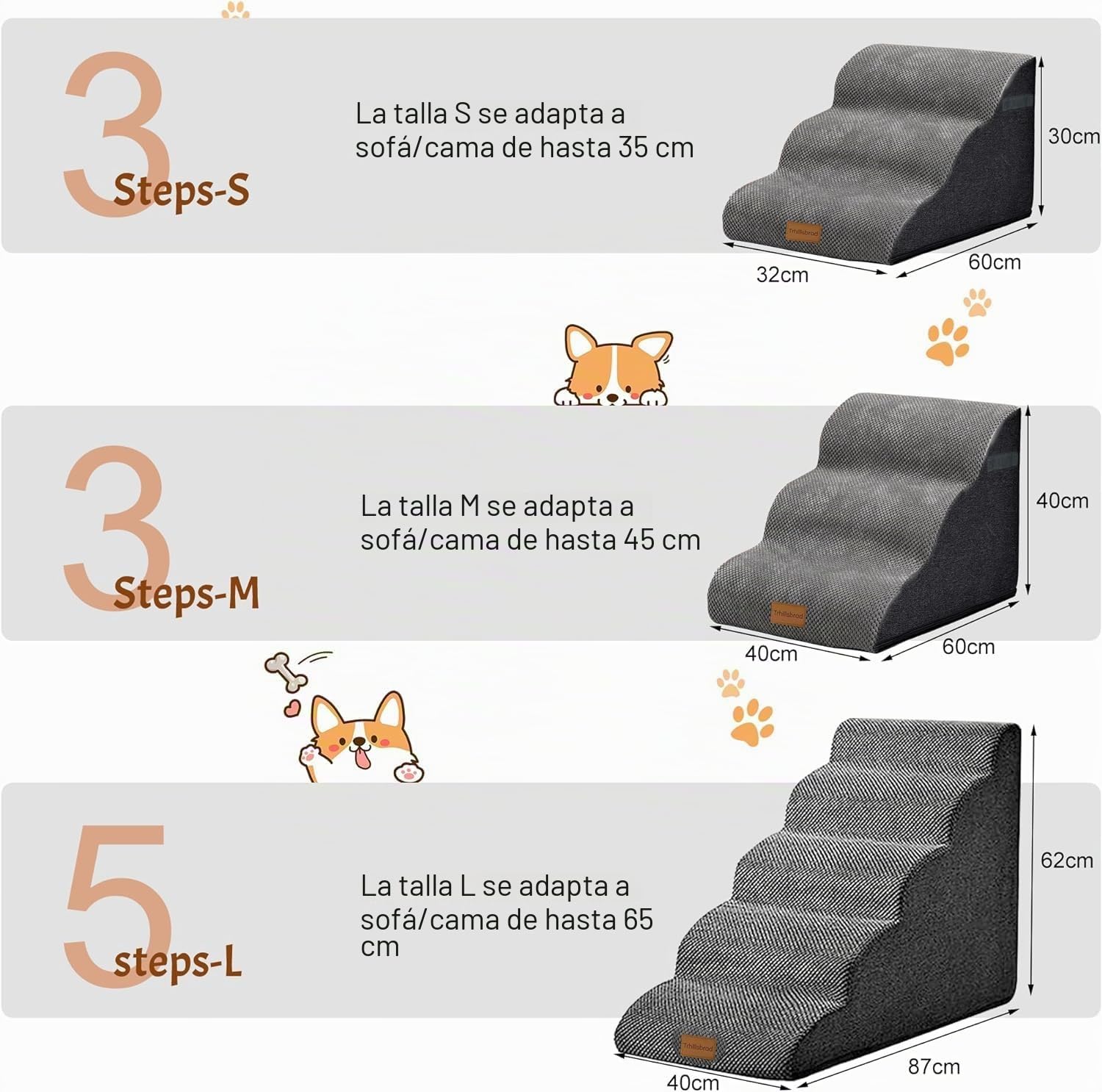 Escalera Ancha para Perros, 3 peldaños, 30 cm de Alto, para Perros pequeños, Espuma de Alta Densidad, Funda Lavable y Base Antideslizante, 32 x 60 x 30 cm