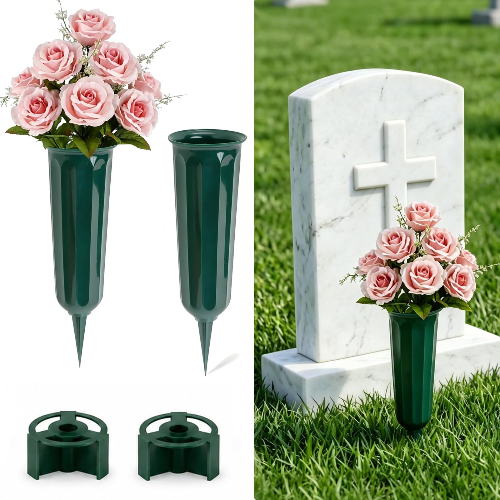 Set of 2 Grave Vases with Spike and Green Flower Holders, Plastic Grave Flower Holders Weatherproof, Dark Green Memorial Flower Vases Cemetery Vases for Graveside, Tombstone, Cemetery Decoration