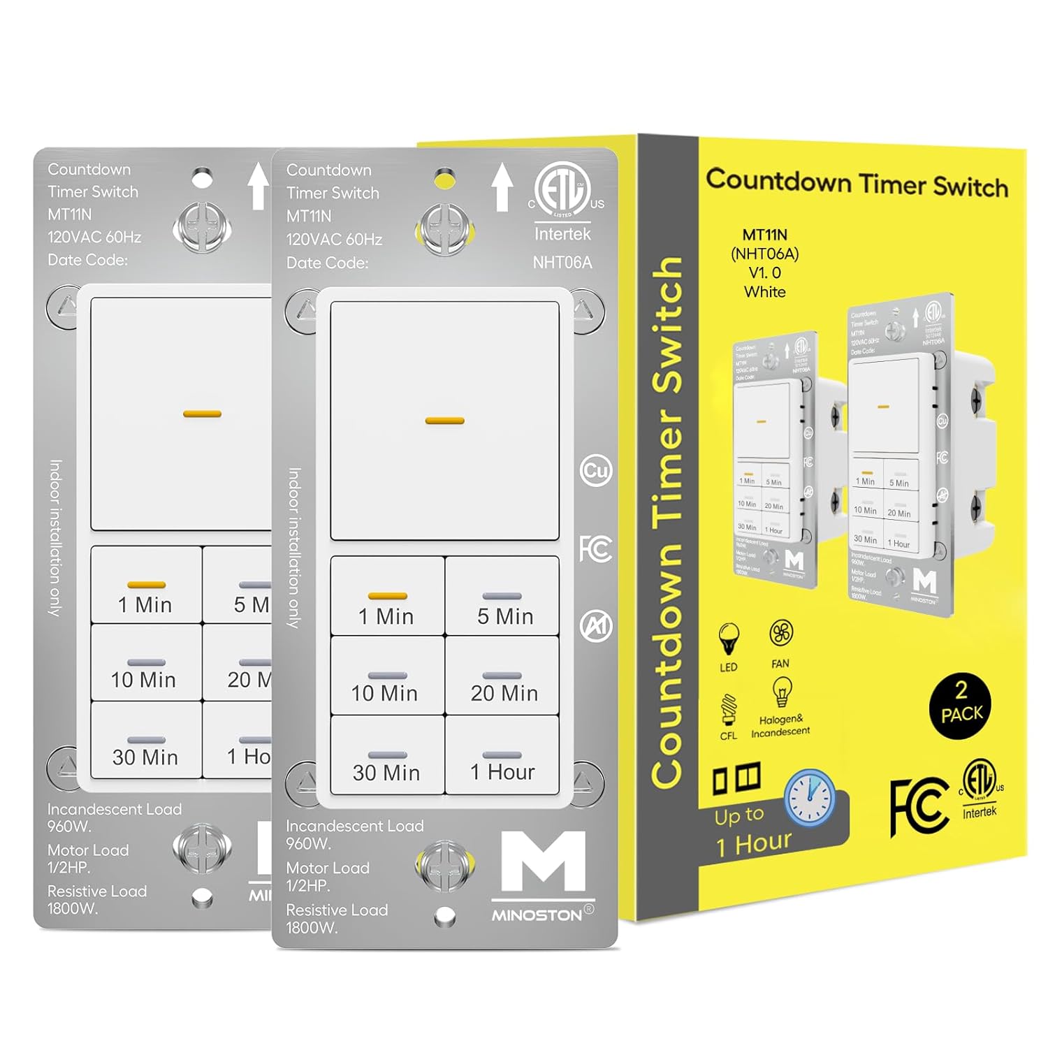 Minoston Countdown Timer Switch, Wall Timer Switch for Bathroom Fans, and Lights, 1-5-10-20-30-60 Min, 15A, 1/2 HP/120VAC, Neutral Wire Required, ETL & FCC, 2 Pack, White (MT11N)