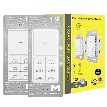 Minoston Countdown Timer Switch, Wall Timer Switch for Bathroom Fans, and Lights, 1-5-10-20-30-60 Min, 15A, 1/2 HP/120VAC, Neutral Wire Required, ETL & FCC, 2 Pack, White MT11N